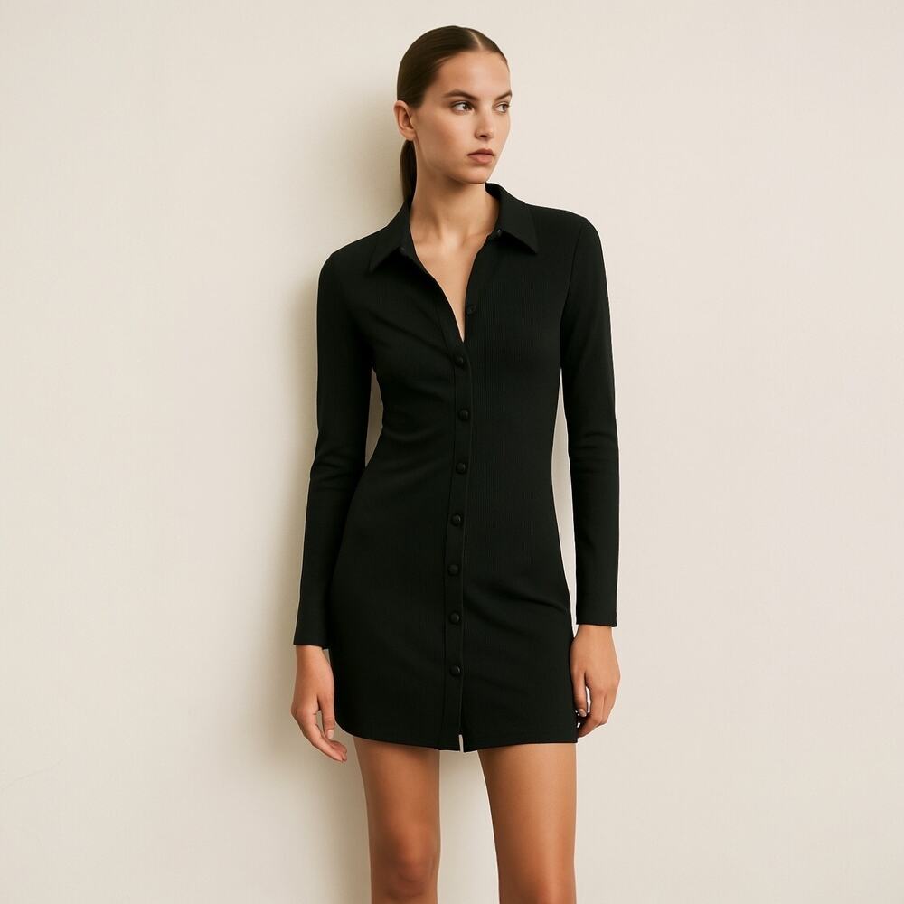 AFRM Black Long Sleeve Rib Knit Collar Button Down Mini Shirt Sweater Dress Sz M